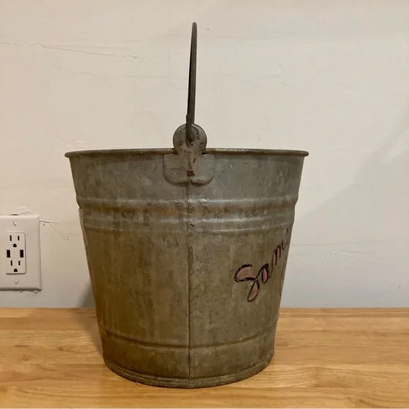 Old Galvanized Bucket with Distressed Finish Writing & Sticker 9” Tall - Picture 12 of 16